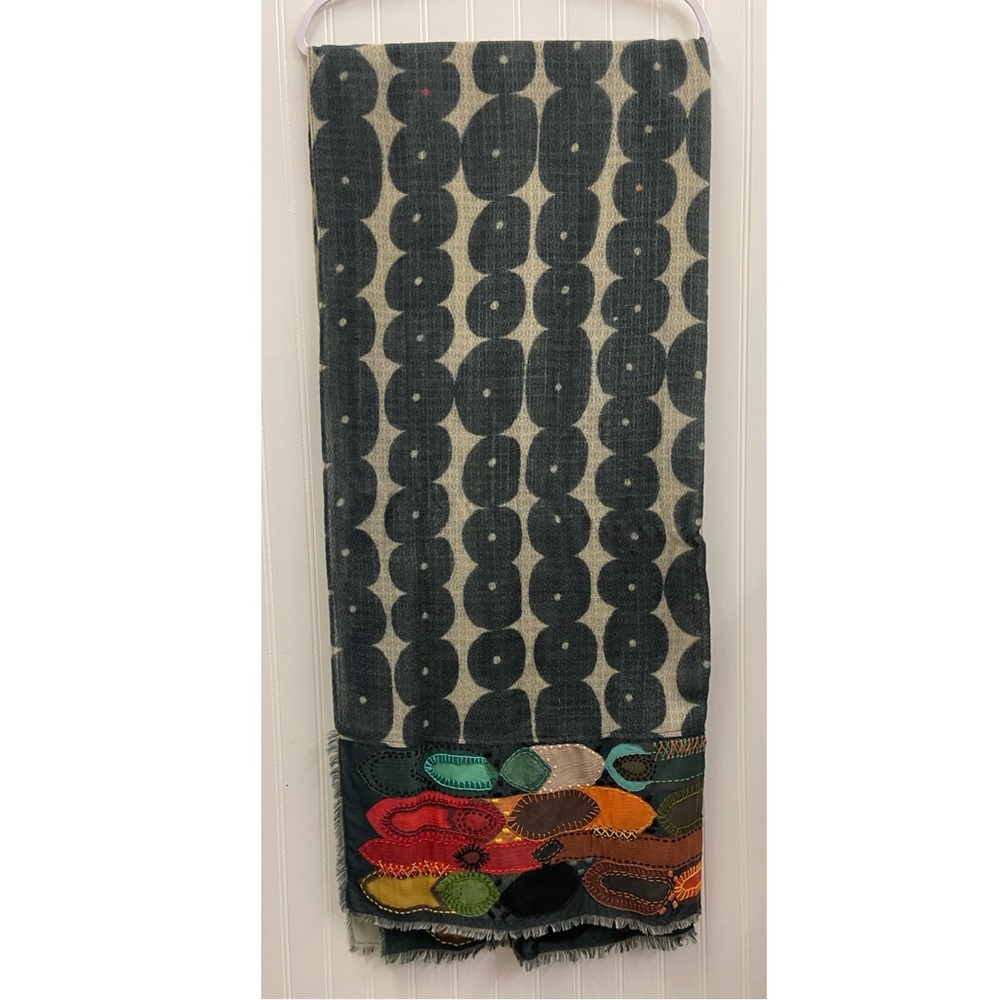 Art to Wear Circle Print Knit Scarf with Embroidered Patches